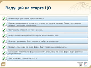 Ведущий на старте ЦО
46
Приветствует участников. Представляется
Коротко рассказывает о проекте по оценке, его целях и задачах. Говорит о пользе для
каждого участника и организации.
ŠОзвучивает регламент работы и правила.
Представляет наблюдателей-экспертов и описывает их роль.
ŠПоясняет, как именно будет проходить работа в течение дня.
ŠГоворит о том, когда и в какой форме будут представлены результаты.
ŠСообщает о правилах конфиденциальности, о том, кому и в какой форме будут доступны
результаты ЦО
Дает возможность задать вопросы
 