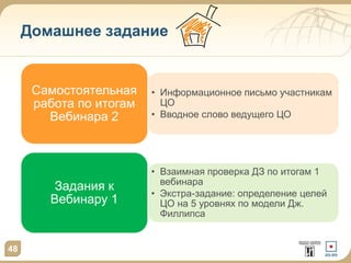 Домашнее задание
• Информационное письмо участникам
ЦО
• Вводное слово ведущего ЦО
Самостоятельная
работа по итогам
Вебинара 2
• Взаимная проверка ДЗ по итогам 1
вебинара
• Экстра-задание: определение целей
ЦО на 5 уровнях по модели Дж.
Филлипса
Задания к
Вебинару 1
48
 