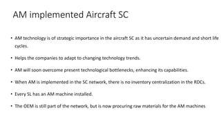 AM implemented Aircraft SC
• AM technology is of strategic importance in the aircraft SC as it has uncertain demand and short life
cycles.
• Helps the companies to adapt to changing technology trends.
• AM will soon overcome present technological bottlenecks, enhancing its capabilities.
• When AM is implemented in the SC network, there is no inventory centralization in the RDCs.
• Every SL has an AM machine installed.
• The OEM is still part of the network, but is now procuring raw materials for the AM machines
 