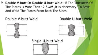  Double V-butt Or Double U-butt Weld: If The Thickness Of
The Plates Is More Than 12.5 MM ,It Is Necessary To Bevel
And Weld The Plates From Both The Sides.
Double V-butt Weld Double U-butt Weld
Single U-butt Weld
 