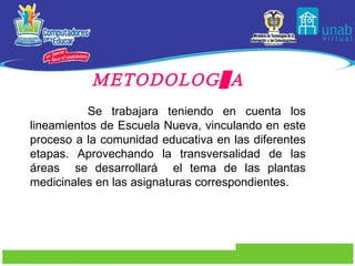 METODOLOGÍA Se trabajara teniendo en cuenta los lineamientos de Escuela Nueva, vinculando en este proceso a la comunidad educativa en las diferentes etapas. Aprovechando la transversalidad de las áreas  se desarrollará  el tema de las plantas medicinales en las asignaturas correspondientes.   
