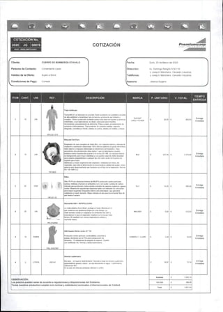 % IL % IL
COTIZACION No.
2020 JG 00076
RUC;0992399791001
COTIZACION Pr^mlumcorp
Clients;
Persona de Contacto:
Validez de la Oferta:
CUERPO DE BOMBEROS OTAVALO
Comandante López
Sujeto a Stock
Condiciones de Pago: Contado
Fecha; Quito. 20 de Marzo del 2020
Dirección: Av Domingo Rengifo N74-ii6
y Joaquín Mancheno Carcelén industrial
Teléfonos: y Joaquín Martcheno Carcelén Industnal
Asesora: Jéssica Guijarro
ITEM CANT. DESCRIPCION
Tr^emuWcapt
TYchemOOC esfatncMo en una tela TyveK lecubiarta can poteBleno amafilo
de alta visliedai]y duiaMidad.lela de barrera quimca de uso Imiado y
reusable OIrace ptoiecciOn corrfiable corara toda ciase de lioisdcie y químicos
Irtdustnales. y sussaquceduras.esideal y adacuado para ndusBU
tarmaceubca.proceaamMnto de símenlos.Pulpe y papel, proecaamtanta de
qulmcos e IsdrocarMes Traje proleclot de coaliras cosidas capucha
«tejada,cremalara al banle,elSatco en pu^oa.eiásOco an loteoa y ceiSjta
P.UNITARIO V.TOTAL
DUPONT
LINEA TYCMEM
26,2S as2,$o
TIEMPO
ENTREGA
Entrega
Inmediata
Uiscara Pulí Paca
Reepeador de cara completa de detse ñltro,con maaoare aSeme y iraMilaa de
Inhalaadn y eihelacion elaboradas tOO%sikcona pMSracs de gredo elmentleo.
Selo eoerno y maecera alaboradaa an elastomaro letmoplaslioo Visor
panoránaco de pohcarboneto dase Opüca 1 que no dstorsttne y pruebe
balisbca conba impactos de acuerdo a la norma EN 166 La mascara interna
es bansparanie psrs mayor visibilidad y con puente nasal de doble densidad
para mánma adaptabSidad a cualquier tipo Oe rostro amesde6puntos de
sufeoOn p«a meiot
distrdxioon y mayor argonomia del respirador, nslslados an marco del
respvador. que ev*aladelormseiOnen>Kremenlalacakd*ddel*jueie Unco
asuím» amo desempahanle que tunoons con el Huro de le respreoOn Norma
EN 136 19960 2
Entrsga
Inmediata
Filtro
Faro P3 R con efioenae mínima del 99.97% protecoOn canbi pirtlcmee
(potras,nebates y humos)en ambienies con y acene Lsmma de carbón
acurado para ptMeeaon corara reveles molestos de rapdtes ocgsncos y gases
eodds.Solems de stqecion tfio bayoneta doWe con ntcador de colocsciPn
para mayor segundad Esqueleto intemo anb-anbcalapso que garantua
resistencia y mayor disacrOn. Mayor entrada de aire para stcramantar fhjjd de
aire haaa el usuario
Entrega
InmedM
MaseenUi N9(« ANTIPOLUCIÓN
La mala ptasbca Diiri-Mesn. pcolege el medio Nbane por lo
que Goneefra une apenenae Impía por mástiempo La
mala también retiste el coiapsarse en amblentee de calor y
humedad por lo que al respirador mantiene su lorms por mas
tiempo El resmiado son menos respiradores usados y
menoresCOSIOS
Entrega
Inmediaia
t
PML.30207667
080GuMS NIMIe rarde 13*Tfl
ProtecoOn contra qulmcos.combustibles,solvcnlss y
gmas Aprobado por Is FDA psrs marapusOOn dt
atmereos. 1$ mMsemas de piigads de espesor Guante
con cerOticado CE Paknes y dedos(esturuados
KIMBERLY-CLARK 3.34
Entrega
Inmediaia
Amonio cuaSemaito
Borrador • el manmo deanfectanlB(bwcide)■ base se amono custemarw
^maraldehido gsaioal yetinol se usa deoNlendo en agta i ceravnevae
cúbreos por Kto
En el caso de baterías ssnllartss ubllcsse 2cc/biro
Entrega
inmediata
OBSERVACIÓN:
Los praclot pueden variarde acuerdo a regulacionea y ditpoticlones del Gobierno.
Todos nuestros productoscumpisn con normas y estándares nacionales e Internacionales de Calidad.
 