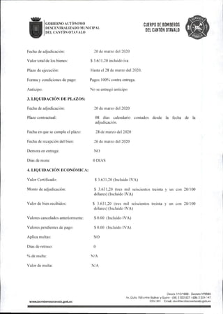 1 GOBIERNO AUTONOMO
DESCENTRALÍZADO MUNICIPAL
DEL CANTÓN OTAVALO
CUERPO DE BOMBEROS
DEL CANTÓN OTAVALO
Fecha de adjudicación:
Valor total de los bienes:
Plazo de ejecución:
Forma y condiciones de pago:
Anticipo:
3.LIQUIDACIÓN DEPLAZOS:
Fecha de adjudicación:
Plazo contractual:
Fecha en que se cumple el plazo:
Fecha de recepción del bien:
Demora en entrega:
Días de mora:
4.LIQUIDACIÓN ECONÓMICA:
Valor Certificado:
Monto de adjudicación:
Valor de bien recibidos:
Valores cancelados anteriormente:
Valores pendientes de pago:
Aplica multas:
Días de retraso:
% de multa:
Valor de multa:
20 de marzo del 2020
$ 3.631,20 incluido iva
Hasta el 28 de marzo del 2020.
Pagos 100% contra entrega.
No se entregó anticipo
20 de marzo del 2020
08 días calendario contados desde la fecha de la
adjudicación.
28 de marzo del 2020
26 de marzo del 2020
NO
ODIAS
$3.631,20(Incluido IVA)
$ 3.631,20 (tres mil seiscientos treinta y un con 20/100
dólares)(Incluido IVA)
$ 3.631,20 (tres mil seiscientos treinta y un con 20/100
dólares)(Incluido IVA)
$0.00 (Incluido IVA)
$0.00 (Incluido IVA)
NO
O
N/A
N/A
wwwj3omt>erosotava|o.gob.ec
Desde 1/10/1969• Decreto N02593
Av.Qjito 758entre Bolfvar y Sucre (06)2922827/(06)2924 147
ECU 911 Email:cbo@bornberosotBvalo.gob.ec
 