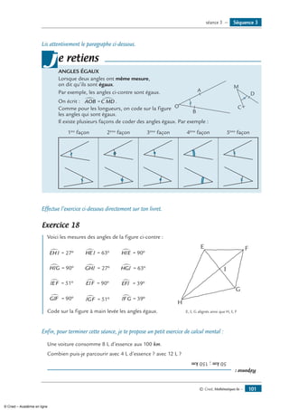 © Cned, Mathématiques 6e — 101
Lis attentivement le paragraphe ci-dessous.
ANGLES ÉGAUX
Lorsque deux angles ont même mesure,
on dit qu’ils sont égaux.
Par exemple, les angles ci-contre sont égaux.
On écrit : AOB C MD∑ ∑= .	
O
A
B
M
C
D
Comme pour les longueurs, on code sur la figure
les angles qui sont égaux.
Il existe plusieurs façons de coder des angles égaux. Par exemple :
1ère
façon 2ème
façon 3ème
façon 4ème
façon 5ème
façon
je retiens
Effectue l’exercice ci-dessous directement sur ton livret.
Exercice 18
	 Voici les mesures des angles de la figure ci-contre :
E F
I
G
H
EHI∑ = °27 HEI∑ = °63 HIE∑ = °90
HIG∑ = °90 GHI∑ = °27 HGI∑ = °63
IEF∑ = °51 EIF∑ = °90 EFI∑ = °39
GIF∑ = °90 IGF∑ = °51 IF G∑ = °39
Code sur la figure à main levée les angles égaux.	 E, I, G alignés ainsi que H, I, F
Enfin, pour terminer cette séance, je te propose un petit exercice de calcul mental :
Une voiture consomme 8 L d’essence aux 100 km.
Combien puis-je parcourir avec 4 L d’essence ? avec 12 L ?
Réponse:
	50km;150km
Séquence 3séance 3 —
© Cned – Académie en ligne
 