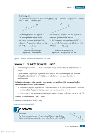 Droite et point :
On a représenté ci-dessous deux droites (Δ) et (Δ’). Le symbole Δ se prononce « delta » ,
c’est la lettre D écrite en grec.
A
(∆) ∆( )
B
‘
La droite (Δ) passe par le point A.
On peut également dire et écrire :
« A est un point de la droite (Δ) ».
« Le point A appartient à la droite (Δ) ».
La droite (Δ’) ne passe pas par le point B.
On peut également dire et écrire :
« B n’est pas un point de la droite (Δ’) ».
« Le point B n’appartient pas à la droite (Δ’) ».
On écrit :	 A ∈ (Δ)
	 ↑
	 symbole mathématique
	 signifiant « appartient à »
On écrit :	 B ∉ (Δ’)
	 ↑
	 symbole mathématique
	 signifiant « n’appartient pas à »
Effectue l’exercice suivant directement sur ton livret:
Exercice 4 La Carte au trésor – suite –
•	 Nomme respectivement (Δ) et (Δ’) les droites rouge et bleue à l’aide de ton crayon à
papier.
	 « respectivement » signifie que la première droite, (Δ), est celle tracée en rouge et que la seconde
droite, (Δ’), est celle tracée en bleu. Retiens bien cet adverbe : il sera souvent employé en
mathématiques.
Indication du pirate : « La première piste secrète est rectiligne. Elle passe par l’Arbre
Millénaire et l’Ancienne tour Fortifiée » .
•	 Nomme M le point représentant l’Arbre Millénaire et F celui qui représente l’Ancienne
tour Fortifiée. Trace une droite passant par ces deux points M et F.
•	 Peux-tu tracer une autre droite que la précédente, passant également par M et par F ?
Entoure la bonne réponse 	 OUI - NON
On note cette droite la droite (MF).
Lis attentivement ce qui suit :
Propriété :	
Par deux points distincts (c’est-à-dire différents) A et B, il ne
passe qu’une seule droite. On note cette droite (AB) ou (BA).
	
A
B
je retiens
Séquence 1séance 2 —
© Cned, Mathématiques 6e — 11
© Cned – Académie en ligne
 