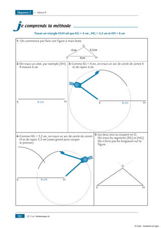 — © Cned, Mathématiques 6e112
je comprends la méthode
Tracer un triangle EGH tel que EG = 4 cm , HG = 3,5 cm et EH = 6 cm
1-	On commence par faire une figure à main levée.
E
G
4 cm 3,5cm
H6cm
2-	On trace un côté, par exemple [EH].
Il mesure 6 cm.
3-	Comme EG = 4 cm, on trace un arc de cercle de centre E
et de rayon 4 cm.
HE 6 cm HE 6 cm
4-	Comme HG = 3,5 cm, on trace un arc de cercle de centre
H et de rayon 3,5 cm (assez grand pour couper
le premier).
5-	Les deux arcs se coupent en G.
On trace les segments [EG] et [HG].
On n’écrit pas les longueurs sur la
figure.
HE 6 cm
E
G
H
Séquence 3 — séance 6
© Cned – Académie en ligne
 
