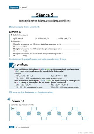 Séance 5
Je multiplie par un dixième, un centième, un millième
Effectue l’exercice ci-dessous sur ton livret :
Exercice 33
	 1-	Calcule les produits
a)	39,4 x 0,1 b)	115,86 x 0,01 c)	564,3 x 0,001
2-	Complète :
	 Multiplier un décimal par 0,1 revient à déplacer sa virgule vers la .....................................
de ............... rang.
	 Multiplier un décimal par 0,01 revient à déplacer sa virgule vers la ...................................
de .............. rangs.
	 Multiplier un décimal par 0,001 revient à déplacer sa virgule vers la .................................
de ............... rangs.
Lis attentivement le paragraphe suivant puis recopie-le dans ton cahier de cours.
Pour multiplier un décimal par 10, 100, 1 000, on déplace sa virgule vers la droite de
1, 2, 3 rangs et on complète par des zéros à droite si nécessaire.
Exemples :
•	104,58 x 10 = 1 045,8	 •	 1,22 x 1 000 = 1 220
•	18 x 100 = 1 800 (cas où le décimal est entier. N’oublie pas que 18 = 18,0.)
Pour multiplier un décimal par 0,1 ; 0,01 ; 0,001, on déplace sa virgule vers la gauche
de 1, 2, 3 rangs et on complète par des zéros à gauche si nécessaire.
•	297,4 x 0,1 = 29,74	 •	 16,5 x 0,001 = 0,016 5
•	18 x 0,1 = 1,8 (cas où le décimal est entier)	 •	 18 x 0,01 = 0,18 (cas où le décimal est entier)
je retiens
Effectue sur ton livret les deux exercices d’application suivants.
Exercice 34
	 Complète le parcours suivant :
101
x 0,1 x 100 x 0,01 x 0,01- 1 + 20,1 - 0,001
Séquence 4 — séance 5
— © Cned, Mathématiques 6e142
© Cned – Académie en ligne
 
