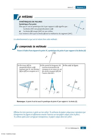 Séquence 5séance 2 —
© Cned, Mathématiques 6e — 161
SYMÉTRIQUES DE FIGURES
Symétrique d’un point
Dire que A’ est le symétrique de A par rapport à (d) signifie que :
	 la droite (AA’) est perpendiculaire à (d)	
A
(d)
B
et 	 la droite (d) coupe [AA’] en son milieu.
Ceci revient à dire que la droite (d) est la médiatrice du segment [AA’].
je retiens
Lis attentivemment ce qui suit et retiens bien cette méthode :
je comprends la méthode
Tracer à l’aide d’une équerre le point A’, symétrique du point A par rapport à la droite (d)
A
(d)
1-	On trace (d’) la
perpendiculaire à (d)
passant par A. Les droites
(d) et (d’) se coupent en I.
2-	On prend la longueur AI
comme écartement de
compas et on trace un arc
de cercle coupant (d’) de
l’autre côté de I.
3-	On code la figure.
(d)
(d')I
A
I
A
(d)
(d')
A
A'
(d)
Remarque : le point A est lui aussi le symétrique du point A’ par rapport à la droite (d).
Effectue les trois exercices ci-après sur ton cahier. Tu utiliseras du papier calque pour reproduire par
transparence les figures et effectueras ensuite l’exercice sur ton papier calque (sans le plier).
Tu colleras après avoir corrigé par transparence, le papier calque dans ton cahier.
© Cned – Académie en ligne
 