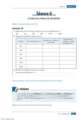 © Cned, Mathématiques 6e — 203
Séance 6
J’utilise les critères de divisibilité
Effectue l’exercice ci-après sur ton livret.
Exercice 34
	 1-	Détermine parmi les entiers suivants ceux qui sont divisibles par 3 :
801 ; 532 ; 783 ; 683 ; 4 782 ; 6 894
2-	Recopie et complète le tableau suivant :
nombre Est-il divisible par 3 ?
Somme des « chiffres »
du nombre
La somme des
« chiffres » est-elle
divisible par 3 ?
801
532
783
683
4 782
6 894
3-	Recopie et complète la conjecture suivante :
	 Un entier est divisible par 3 si .........................................................................................
	 ......................................................................................................................................
Avant de continuer, note à la suite sur ton cahier de cours l’encadré ci-dessous :
•	Un nombre entier est divisible par 3 si la somme de ses chiffres est divisible par 3.
Ainsi, 141 015 est divisible par 3, car 1 + 4 + 1 + 0 + 1 + 5 = 12 et 12 est divisible par 3.
Par contre, 77 003 n’est pas divisible par 3, car 7 + 7 + 0 + 0 + 3 = 17 et 17 n’est pas divisible
par 3.
je retiens
Effectue sur ton cahier d’exercices les quatre exercices suivants.
Séquence 6séance 6 —
© Cned – Académie en ligne
 
