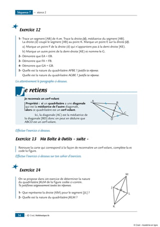 — © Cned, Mathématiques 6e14
Exercice 12
	
1-	Trace un segment [AB] de 4 cm. Trace la droite (d), médiatrice du segment [AB].
La droite (d) coupe le segment [AB] au point K. Marque un point E sur la droite (d).
a)	Marque un point F de la droite (d) qui n’appartient pas à la demi-droite [KE).
b)	Marque un autre point de la demi-droite [KE) et nomme-le G.
2-	Démontre que EA = EB.
3-	Démontre que FA = FB.
4-	Démontre que GA = GB.
5-	Quelle est la nature du quadrilatère AFBE ? Justifie ta réponse.
	 Quelle est la nature du quadrilatère AGBE ? Justifie ta réponse.
Lis attentivement le paragraphe ci-dessous.
e retiens
Je reconnais un cerf-volant	
A
D
C
BPropriété : si un quadrilatère a une diagonale
qui est la médiatrice de l’autre diagonale,
alors ce quadrilatère est un cerf-volant.
	 Ici, la diagonale (AC) est la médiatrice de
la diagonale [BD] donc on peut en déduire que
ABCD est un cerf-volant.
j
Effectue l’exercice ci-dessous.
Exercice 13 Ma Boîte à Outils – suite –
	
Retrouve la carte qui correspond à la façon de reconnaître un cerf-volant, complète-la et
code la figure.
Effectue l’exercice ci-dessous sur ton cahier d’exercices.
Exercice 14
	
K
J
L
M
On se propose dans cet exercice de déterminer la nature
du quadrilatère JKLM de la figure codée ci-contre.
Tu justifieras soigneusement toutes tes réponses.
1-	Que représente la droite (KM) pour le segment [JL] ?
2-	Quelle est la nature du quadrilatère JKLM ?
Séquence 7 — séance 2
© Cned – Académie en ligne
 