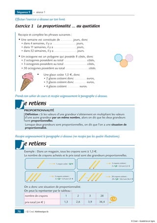 — © Cned, Mathématiques 6e70
Séquence 9 — séance 1
Effectue l’exercice ci-dessous sur ton livret.
Exercice 1 La proportionalité … au quotidien
Recopie et complète les phrases suivantes :
•	Une semaine est constituée de .............. jours, donc
	 • dans 4 semaines, il y a ............................ jours,
	 • dans 11 semaines, il y a ........................... jours,
	 • dans 52 semaines, il y a ........................... jours.
•	Un octogone est un polygone qui possède 8 côtés, donc	
	 • 2 octogones possèdent au total ........................... côtés,	
	 • 3 octogones possèdent au total ........................... côtés,
	 • 50 octogones possèdent au total ........................... côtés.
	 •	 Une glace coûte 1,5 €, donc
		 • 2 glaces coûtent donc .............. euros,
		 • 3 glaces coûtent donc .............. euros,
		 • 4 glaces coûtent .............. euros.
Prends ton cahier de cours et recopie soigneusement le paragraphe ci-dessous.
e retiens
PROPORTIONNALITÉ
Définition : Si les valeurs d’une grandeur s’obtiennent en multipliant les valeurs
d’une autre grandeur par un même nombre, alors on dit que les deux grandeurs
sont proportionnelles.
Lorsque deux grandeurs sont proportionnelles, on dit que l’on a une situation de
proportionnalité.
j
Recopie soigneusement le paragraphe ci-dessous (ne recopie pas les quatre illustrations).
e retiens
Exemple : Dans un magasin, tous les crayons sont à 1,3 €.
Le nombre de crayons achetés et le prix total sont des grandeurs proportionnelles.
1 crayon coûte : 1,3 �
3 crayons coûtent :
3 x 1,3 = 3,9 soit 3,9 �
2 crayons coûtent :
2 x 1,3 = 2,6 soit 2,6 �
28 crayons coûtent :
28 x 1,3 = 36,4 soit 36,4 �
On a donc une situation de proportionnalité.
On peut la représenter par le tableau :
prix total (en � ) 2,6 3,9 36,41,3
2 3 281nombre de crayons
x 1,3
j
© Cned – Académie en ligne
 