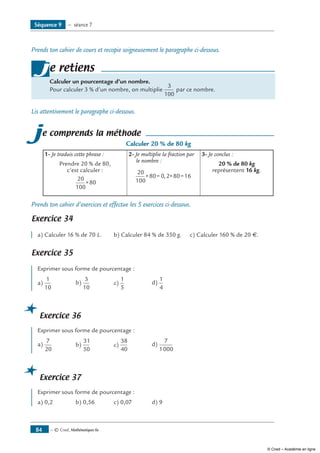 — © Cned, Mathématiques 6e84
Prends ton cahier de cours et recopie soigneusement le paragraphe ci-dessous.
e retiens
Calculer un pourcentage d’un nombre.
Pour calculer 3 % d’un nombre, on multiplie
3
100
par ce nombre.
j
Lis attentivement le paragraphe ci-dessous.
je comprends la méthode
Calculer 20 % de 80 kg
1- Je traduis cette phrase :
Prendre 20 % de 80,
c’est calculer :
20
100
80×
2- Je multiplie la fraction par
le nombre :
20
100
80 0 2 80 16× = × =,
3- Je conclus :
20 % de 80 kg
représentent 16 kg.
Prends ton cahier d’exercices et effectue les 5 exercices ci-dessous.
Exercice 34 	
a) Calculer 16 % de 70 L. b) Calculer 84 % de 350 g. c) Calculer 160 % de 20 €.
Exercice 35 	
Exprimer sous forme de pourcentage :
a)
1
10
b)
3
10
c)
1
5
d)
1
4
Exercice 36
Exprimer sous forme de pourcentage :
a)
7
20
b)
31
50
c)
38
40
d)
7
1000
Exercice 37
Exprimer sous forme de pourcentage :
a) 0,2 b) 0,56 c) 0,07 d) 9
Séquence 9 — séance 7
© Cned – Académie en ligne
 