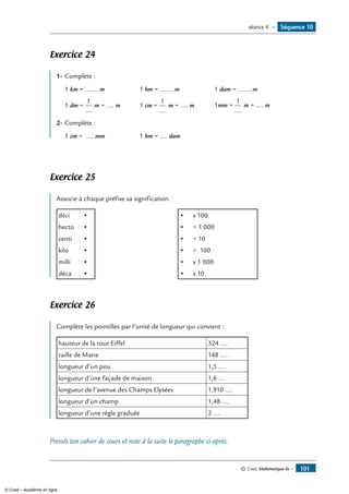 © Cned, Mathématiques 6e — 101
Exercice 24
1-	Complète :
1 km = ....... m 1 hm = ....... m 1 dam = ....... m
1 dm =
1
....
m = .... m 1 cm =
1
....
m = .... m 1mm =
1
....
m = .... m
2-	Complète :
1 cm = .... mm 1 hm = .... dam
Exercice 25
Associe à chaque préfixe sa signification.
déci • • x 100
hecto • • ÷ 1 000
centi • • ÷ 10
kilo • • ÷ 100
milli • • x 1 000
déca • • x 10
Exercice 26
Complète les pointillés par l’unité de longueur qui convient :
hauteur de la tour Eiffel 324 ....
taille de Marie 148 ....
longueur d’un pou 1,5 ....
longueur d’une façade de maison 1,6 ....
longueur de l’avenue des Champs Elysées 1,910 ....
longueur d’un champ 1,48 ....
longueur d’une règle graduée 2 ....
Prends ton cahier de cours et note à la suite le paragraphe ci-après.
Séquence 10séance 4 —
© Cned – Académie en ligne
 