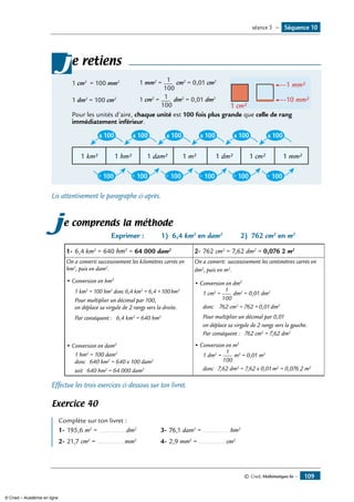 © Cned, Mathématiques 6e — 109
e retiens
1 cm2
= 100 mm2 1 mm2
= 1
100
cm2
= 0,01 cm2
1 mm²
10 mm²
1 cm²
1 dm2
= 100 cm2 1 cm2
= 1
100
dm2
= 0,01 dm2
Pour les unités d’aire, chaque unité est 100 fois plus grande que celle de rang
immédiatement inférieur.
1 km² 1 hm² 1 dam² 1 m² 1 dm² 1 cm² 1 mm²
x 100 x 100 x 100 x 100 x 100 x 100
÷ 100 ÷ 100 ÷ 100 ÷ 100 ÷ 100 ÷ 100
j
Lis attentivement le paragraphe ci-après.
je comprends la méthode
	 Exprimer :	 1) 6,4 km2
en dam2
	 2) 762 cm2
en m2
1-	6,4 km2
= 640 hm2
= 64 000 dam2
2-	762 cm2
= 7,62 dm2
= 0,076 2 m2
On a converti successivement les kilomètres carrés en
hm2
, puis en dam2
.
• Conversion en hm2
1 km2
= 100 hm2
donc 6,4 km2
= 6,4 ×100hm2
Pour multiplier un décimal par 100,
on déplace sa virgule de 2 rangs vers la droite.
Par conséquent : 6,4 km2
= 640 hm2
• Conversion en dam2
1 hm2
= 100 dam2
donc 640 hm2
= 640 x 100 dam2
soit 640 hm2
= 64 000 dam2
On a converti successivement les centimètres carrés en
dm2
, puis en m2
.
• Conversion en dm2
1 cm2
=
1
100
dm2
= 0,01 dm2
donc 762 cm2
= 762 ×0,01dm2
Pour multiplier un décimal par 0,01
on déplace sa virgule de 2 rangs vers la gauche.
Par conséquent : 762 cm2
= 7,62 dm2
• Conversion en m2
1 dm2
=
1
100
m2
= 0,01 m2
donc 7,62 dm2
= 7,62 x 0,01m2
= 0,076 2 m2
Effectue les trois exercices ci-dessous sur ton livret.
Exercice 40
Complète sur ton livret :
1-	195,6 m2
= .............. dm2
	 3-	76,1 dam2
= .............. hm2
2-	21,7 cm2
= .............. mm2
	 4-	2,9 mm2
= .............. cm2
Séquence 10séance 5 —
© Cned – Académie en ligne
 