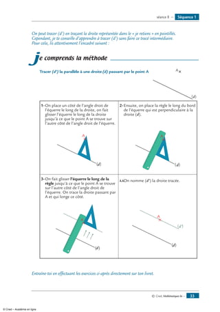 © Cned, Mathématiques 6e — 33
On peut tracer (d’) en traçant la droite représentée dans le « je retiens » en pointillés.
Cependant, je te conseille d’apprendre à tracer (d’) sans faire ce tracé intermédiaire.
Pour cela, lis attentivement l’encadré suivant :
je comprends la méthode
	
(d)
ATracer (d’) la parallèle à une droite (d) passant par le point A
1-	On place un côté de l‘angle droit de
l’équerre le long de la droite, on fait
glisser l’équerre le long de la droite
jusqu’à ce que le point A se trouve sur
l’autre côté de l’angle droit de l’équerre.
2-	Ensuite, on place la règle le long du bord
de l’équerre qui est perpendiculaire à la
droite (d).
(d)
A
(d)
A
3-	On fait glisser l’équerre le long de la
règle jusqu’à ce que le point A se trouve
sur l’autre côté de l’angle droit de
l’équerre. On trace la droite passant par
A et qui longe ce côté.
4-	On nomme (d’) la droite tracée.
(d)
A
(d)
(d')
A
Entraîne-toi en effectuant les exercices ci-après directement sur ton livret.
Séquence 1séance 8 —
© Cned – Académie en ligne
 
