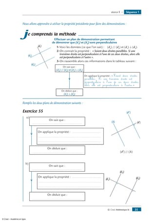 © Cned, Mathématiques 6e — 35
Nous allons apprendre à utiliser la propriété précédente pour faire des démonstrations :
je comprends la méthode
Effectuer un plan de démonstration permettant
de démontrer que (d1
) et (d2
) sont perpendiculaires
(d1)
(d2)
(d3)
	 1-	Voici les données (ce que l’on sait) : (d2
) // (d3
) et (d1
) ⊥ (d3
).
2-	On connaît la propriété : « Soient deux droites parallèles. Si une
troisième droite est perpendiculaire à l’une de ces deux droites, alors elle
est perpendiculaire à l’autre ».
3-	On rassemble alors ces informations dans le tableau suivant :
		 On sait que :
(d2
) // (d3
) et (d1
) ⊥ (d3
)
		 	 On applique la propriété : « Soient deux droites
parallèles. Si une troisième droite est
perpendiculaire à l’une de ces deux droites,
alors elle est perpendiculaire à l’autre.»
		
On déduit que :
(d1
) ⊥ (d2
)
Remplis les deux plans de démonstration suivants :
Exercice 55 	 (d')
(Δ) (d)
	 a)	
On sait que :
	 .............................................................
		 	 On applique la propriété : ....................................
............................................................................
............................................................................
		
On déduit que :
	 ............................................................. 	 (d’) // (Δ)
b)		
	
On sait que :
	 ............................................................. 	
(d1
)
(d2)
(d3)
		 	
On applique la propriété : ....................................
............................................................................
............................................................................
		
On déduit que :
	 .............................................................
Séquence 1séance 8 —
© Cned – Académie en ligne
 