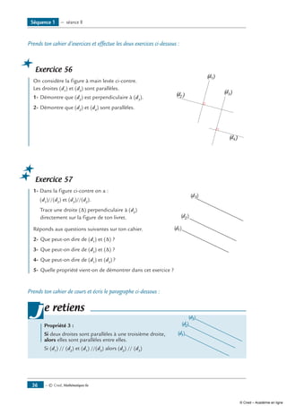 — © Cned, Mathématiques 6e36
Séquence 1 — séance 8
Prends ton cahier d’exercices et effectue les deux exercices ci-dessous :
Exercice 56
	 On considère la figure à main levée ci-contre. 	
(d1)
(d2 )
(d4)
(d3)
Les droites (d1
) et (d3
) sont parallèles.
1-	Démontre que (d2
) est perpendiculaire à (d3
).
2-	Démontre que (d2
) et (d4
) sont parallèles.
Exercice 57
	 1-	Dans la figure ci-contre on a :	
(d1)
(d3)
(d2)
	 (d1
)//(d2
) et (d3
)//(d2
).
	 Trace une droite (∆) perpendiculaire à (d2
)
directement sur la figure de ton livret.
Réponds aux questions suivantes sur ton cahier.
2-	 Que peut-on dire de (d1
) et (∆) ?
3-	 Que peut-on dire de (d3
) et (∆) ?
4-	 Que peut-on dire de (d1
) et (d3
) ?
5-	 Quelle propriété vient-on de démontrer dans cet exercice ?
Prends ton cahier de cours et écris le paragraphe ci-dessous :
	 Propriété 3 :	
Si deux droites sont parallèles à une troisième droite, 	 (d1)
(d3)
(d2)
alors elles sont parallèles entre elles.
Si (d1
) // (d2
) et (d1
) //(d3
) alors (d2
) // (d3
)
je retiens
© Cned – Académie en ligne
 