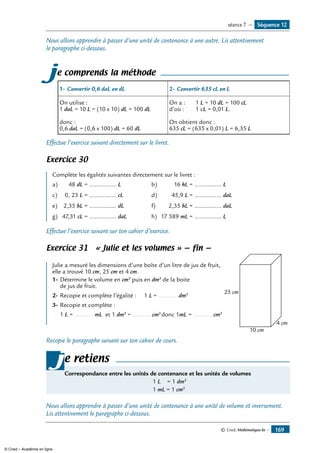 © Cned, Mathématiques 6e — 169
Nous allons apprendre à passer d’une unité de contenance à une autre. Lis attentivement
le paragraphe ci-dessous.
je comprends la méthode
1-	Convertir 0,6 daL en dL	 2- 	Convertir 635 cL en L
On utilise :
1 daL = 10 L = (10 x 10) dL = 100 dL
donc :
0,6 daL = (0,6 x 100) dL = 60 dL
On a :	 1 L = 10 dL = 100 cL
d’où : 	 1 cL = 0,01 L.
On obtient donc :
635 cL = (635 x 0,01) L = 6,35 L
Effectue l’exercice suivant directement sur le livret.
Exercice 30
	
Complète les égalités suivantes directement sur le livret :
a) 48 dL = ................ L b) 16 hL = ................ L
c) 0, 23 L = ................ cL d) 45,9 L = ................ daL
e) 2,35 hL = ................ dL f) 2,35 hL = ................ daL
g) 47,31 cL = ................ daL h) 17 589 mL = ................ L
Effectue l’exercice suivant sur ton cahier d’exercice.
Exercice 31 « Julie et les volumes » — fin —
	
25 cm
10 cm
4 cm
Julie a mesuré les dimensions d’une boîte d’un litre de jus de fruit,
elle a trouvé 10 cm, 25 cm et 4 cm.
1-	Détermine le volume en cm3
puis en dm3
de la boite
de jus de fruit.
2-	Recopie et complète l’égalité :	 1 L = ........... dm3
3-	Recopie et complète : 	
	 1 L = ........... mL et 1 dm3
= ........... cm3
donc 1mL = ........... cm3
Recopie le paragraphe suivant sur ton cahier de cours.
e retiens
Correspondance entre les unités de contenance et les unités de volumes
	 1 L = 1 dm3
	 1 mL = 1 cm3
j
Nous allons apprendre à passer d’une unité de contenance à une unité de volume et inversement.
Lis attentivement le paragraphe ci-dessous.
Séquence 12séance 7 —
© Cned – Académie en ligne
 