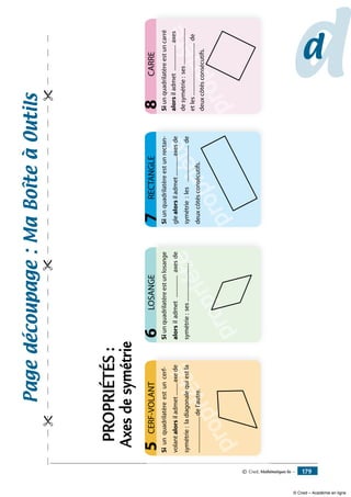 dd
LOSANGE6
propriété
RECTANGLE7
Siunquadrilatèreestunlosange
alorsiladmet................axesde
symétrie:ses............................
propriété
propriété
CERF-VOLANT5
propriété
CARRE
Siunquadrilatèreestuncerf-
volantalorsiladmet.........axede
symétrie:ladiagonalequiestla
...........................del’autre.
8
propriété
p
propriété
Siunquadrilatèreestunrectan-
glealorsiladmet..............axesde
symétrie:les...........................de
deuxcôtésconsécutifs.
Siunquadrilatèreestuncarré
alorsiladmet...................axes
desymétrie:ses...........................
etles.......................................de
deuxcôtésconsécutifs.
Pagedécoupage:Maboîteàoutils
PROPRIÉTÉS:
Axesdesymétrie
© Cned, Mathématiques 6e — 179
© Cned – Académie en ligne
 