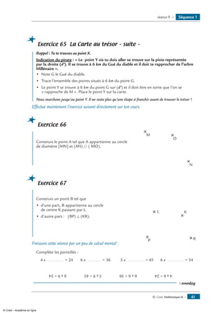 © Cned, Mathématiques 6e — 41
Exercice 65 La Carte au trésor – suite –
	 Rappel : Tu te trouves au point X.
Indication du pirate : « Le point Y où tu dois aller se trouve sur la piste représentée
par la droite (d’). Il se trouve à 6 km du Gué du diable et il doit te rapprocher de l’arbre
Millénaire ».
•	 Note G le Gué du diable.
•	 Trace l’ensemble des points situés à 6 km du point G.
•	 Le point Y se trouve à 6 km du point G sur (d’) et il doit être en sorte que l’on se
« rapproche de M ». Place le point Y sur la carte.
Nous marchons jusqu’au point Y. Il ne reste plus qu’une étape à franchir avant de trouver le trésor !
Effectue maintenant l’exercice suivant directement sur ton cours.
Exercice 66
	
Construis le point A tel que A appartienne au cercle 	
M
O
N
de diamètre [MN] et (AN) // ( MO).
Exercice 67
	
Construis un point B tel que
•	 d’une part, B appartienne au cercle 	
L K
P R
	 de centre K passant par L.
•	 d’autre part : (BP) ⊥ (KR).
Finissons cette séance par un peu de calcul mental :
Complète les pointillés :
4 x ............... = 24 6 x ..............	= 36 5 x .................= 45 6 x ................ = 54
Réponse:
4x6=246x6=365x9=456x9=54
Séquence 1séance 9 —
© Cned – Académie en ligne
 
