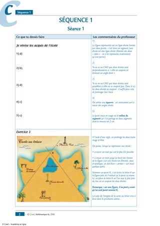 — © Cned, mathématiques 6e, 2008
cc Séquence 1
SÉQUENCE 1
Séance 1
Ce que tu devais faire Les commentaires du professeur
Je révise les acquis de l’école
1) d)
2) b)
3) d)
4) c)
5) c)
1)
La figure représentée est un ligne droite limitée
par deux points : c’est donc un segment (une
droite est une ligne droite illimitée des deux
« côtés » : on n’en représente évidemment
qu’une partie).
2)
Tu as vu au CM2 que deux droites sont
perpendiculaires si « elles se coupent en
formant un angle droit ».
3)
Tu as vu au CM2 que deux droites sont
parallèles si elles ne se coupent pas. Dans le a),
les deux droites se coupent : il suffit pour cela
de prolonger leur tracé.
4)
On utilise une équerre : cet instrument sert à
tracer des angles droits.
5)
Le point tracé en rouge est le milieu du
segment car il le partage en deux segments
dont la mesure est 2 cm.
Exercice 1
A l’aide d’une règle, on prolonge les deux traits
rouge et bleu.
On pense, lorsqu’on représente une droite :
• à tracer un trait qui soit le plus fin possible
• à tracer un trait jusqu’au bord des limites
de la figure (car une droite est illimitée, mais
en pratique, on doit bien « arrêter » son tracé
quelque part).
Nommer un point K, c’est écrire la lettre K sur
la figure près de l’endroit où le point se trouve.
Ici, on place la lettre K où l’on veut le plus près
du lieu où se coupent les deux droites
Remarque : sur une figure, il ne peut y avoir
qu’un seul point nommé K.
La suite de l’énigme de la carte au trésor sera à
faire dans la prochaine séance...
© Cned – Académie en ligne
 