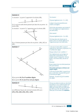© Cned, Mathématiques 6e, 2008 — 
ccSéquence 1
Exercice 6
1e situation : Le point C appartient à la droite (AB).
A B C
Il n’y a qu’une seule droite passant par deux de ces points : la
droite (AB).
2e situation : Le point C n’ appartient pas à la droite (AB)
A B
C
Il y a 3 droites passant par deux de ces points : (AB), (AC) et
(BC).
1ère situation :
On pouvait également écrire : C ∈ (AB).
La figure n’est qu’une possibilité parmi
d’autres cas de figures :
On dit, dans cette situation, que les points A,
B et C sont alignés (car ils appartiennent à
une même droite).
2ème situation :
On pouvait également écrire : C ∉ (AB).
On dit que dans cette situation que les
points A, B et C ne sont pas alignés car ils
n’appartiennent pas à une même droite.
Exercice 7
P
O
M
Q
N
R
1) Les points M, O et P semblent alignés.
2) Les points M, N, Q et R ne sont pas alignés.
1) On trace la droite (MO). Le point P
semble être sur cette droite. Les points M, P et
O semblent donc alignés.
Pourquoi utiliser le mot « semblent » ?
Tout simplement parce qu’une figure est
toujours plus ou moins précise. Ici, par
exemple, le point P est peut-être « très très
proche » de la droite (MO), sans être sur
celle-ci.
Remarque :
Je peux toujours tracer une droite passant par
deux points distincts.
Deux points quelconques et distincts sont
toujours alignés.
2) On trace la droite (MN). Le point R n’est
pas sur cette droite. Les points M,N, Q et R
ne sont donc pas alignés.
Remarque : les points M, Q et N semblent
être alignés.
Exercice 8
Y X Z
Les différentes façons de nommer la droite (XY) sont :
(XY), (YX), (XZ), (ZX), (YZ) et (ZY)
On trace une droite et on place sur cette droite
trois points X, Y et Z. Comme les points sont
alignés (cela est écrit dans la consigne), on
déduit que la droite (XY) est la même droite
que (XZ) et que (YZ). On exprime cela en
disant que ces trois droites sont confondues.
© Cned – Académie en ligne
 