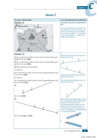 © Cned, Mathématiques 6e, 2008 — 
ccSéquence 1
Séance 3
Ce que tu devais faire Les commentaires du professeur
Exercice 11 La nouvelle construction est représentée en
bleu.
On nomme D le Dolmen du couchant et S la
Source éternelle. On trace un trait droit « qui
part de D, qui passe par S et on le prolonge
au maximum sur la feuille ». Tu viens alors de
tracer ce que l’on appelle : « la demi-droite
d’origine D passant par S ».
Exercice 12
1) On a représenté en bleu la demi-droite d’origine A passant
par B. On la note [AB).
2) On a représenté en bleu la demi-droite d’origine D passant
par C. On la note [DC).
3) Deux réponses sont possibles :
1e réponse :
On a représenté en bleu la demi-droite d’origine E passant par
F. On la note [EF).
2e réponse :
On a représenté en bleu la demi-droite d’origine E passant par
G. On la note [EG).
4)
H
I
On la note [HI).
5)
J
K
L
On la note [LJ) ou [LK).
1)
Cette demi-droite est limitée par le point A et
illimitée de l’autre côté.
A
B
2)
C
D
Cette demi-droite est limitée par le point D et
illimitée de l’autre côté.
3)
Cette demi-droite est limitée par le point E et
illimitée de l’autre côté.
E
F
G
Elle est à la fois la demi-droite d’origine E passant
par F et la demi-droite d’origine E passant par G.
On peut donc la noter [EF) ou [EG).
4) On place précisément la règle et on trace
finement, à l’aide d’un crayon à papier, un
« trait partant du point H et passant par le
point I ». On prolonge le trait au-delà du point
I « aussi loin que possible ».
H
I
5)
J
K
L
© Cned – Académie en ligne
 