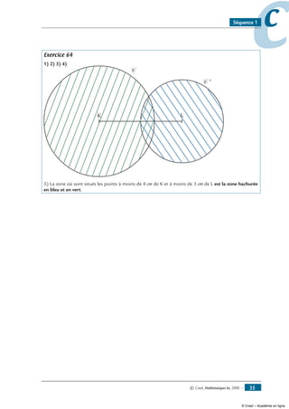 © Cned, Mathématiques 6e, 2008 — 35
ccSéquence 1
Exercice 64
1) 2) 3) 4)
K L
C
C '
5) La zone où sont situés les points à moins de 4 cm de K et à moins de 3 cm de L est la zone hachurée
en bleu et en vert.
© Cned – Académie en ligne
 