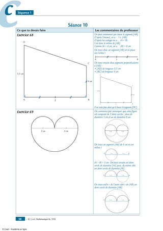 — © Cned, mathématiques 6e, 200838
cc Séquence 1
Séance 10
Ce que tu devais faire Les commentaires du professeur
Exercice 68
A I B
C
D
5,5 cm
4 cm
On peut commencer par tracer le segment [AB].
D’après l’énoncé, on a : I ∈ [AB].
D’après les codages on a : IA = IB.
I est donc le milieu de [AB].
Comme AI = 4 cm, on a : AB = 8 cm.
On trace donc un segment [AB] et on place
son milieu I.
A I B
On trace ensuite deux segments perpendiculaires
à [AB] :
• [AD] de longueur 5,5 cm
• [BC] de longueur 4 cm
A I B
C
D
5,5 cm
4 cm
Il ne reste plus alors qu’à tracer le segment [DC].
Exercice 69
3 cm3 cm
On commence par remarquer que cette figure
est composée de 3 demi-cercles : deux de
diamètre 3 cm et un de diamètre 6 cm.
3 cm 3 cm
On trace un segment [AB] de 6 cm et son
milieu I.
3 cm 3 cmA I B
AI = IB = 3 cm. On trace ensuite un demi-
cercle de diamètre [AI], puis, du même côté,
un demi-cercle de diamètre [IB].
3 cm 3 cmA I B
On trace enfin « de l’autre côté » de (AB) un
demi-cercle de diamètre [AB].
3 cm 3 cmA I B
© Cned – Académie en ligne
 
