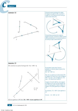 — © Cned, mathématiques 6e, 200840
cc Séquence 1
Exercice 72
x
A
B
C
D
F
Y
On prend comme écartement de compas
la longueur du segment [AB], on pointe le
compas en F et on trace un arc de cercle qui
coupe la demi-droite [Fx).
x
A
B
C
D
F
On prend pour écartement de compas la
longueur de [CD], on pointe le compas au point
obtenu précédemment et on trace un autre arc
de cercle qui coupe la demi-droite [Fx).
x
A
B
C
D
F
Y
Exercice 73
On construit un point Z tel que AZ = KL + MN + IJ.
I
M
A
Y
N
J
K
L
Z
F
E
EF = MN
FZ = IJ
AZ est supérieur à AY donc KL + MN + IJ est supérieur à AY.
En procédant comme dans l’exercice
précédent, on cherche à placer le point Z de
[AY) tel que :
AZ = KL + MN + IJ.
Pour cela, on reporte sur la demi-droite [AY)
la longueur KL à partir de A, puis la longueur
MN « à la suite », puis la longueur IJ « à la
suite ». On obtient ainsi le point Z.
Comparer AY et KL+MN+IJ, c’est comparer
les longueurs AY et AZ, soit dire laquelle des
deux est la plus grande. D’après la figure, la
longueur AZ est plus grande que la longueur
AY.
En conclusion, KL + MN + IJ est supérieur à
AY.
On écrit : KL + MN + IJ  AY
© Cned – Académie en ligne
 