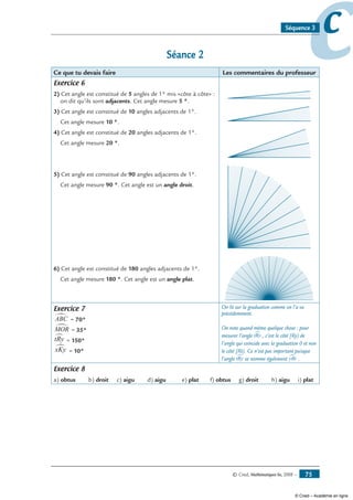 © Cned, Mathématiques 6e, 2008 — 75
ccSéquence 3
Séance 2
Ce que tu devais faire Les commentaires du professeur
Exercice 6
2) Cet angle est constitué de 5 angles de 1° mis «côte à côte» :
on dit qu’ils sont adjacents. Cet angle mesure 5 °.
3) Cet angle est constitué de 10 angles adjacents de 1°.
Cet angle mesure 10 °.
4) Cet angle est constitué de 20 angles adjacents de 1°.
Cet angle mesure 20 °.
5) Cet angle est constitué de 90 angles adjacents de 1°.
Cet angle mesure 90 °. Cet angle est un angle droit.
6) Cet angle est constitué de 180 angles adjacents de 1°.
Cet angle mesure 180 °. Cet angle est un angle plat.
Exercice 7
ABC∑ = 7700= 70°
MOR∑ = 3355= 35°
tRy∂ = 115500= 150°
xKy∑ = 1100= 10°
On lit sur la graduation comme on l’a vu
précédemment.
On note quand même quelque chose : pour
mesurer l’angle tRy∂ , c’est le côté [Ry) de
l’angle qui coïncide avec la graduation 0 et non
le côté [Rt). Ce n’est pas important puisque
l’angle tRy∂ se nomme également yRt∑ .
Exercice 8
a) obtus b) droit c) aigu d) aigu e) plat f) obtus g) droit h) aigu i) plat
© Cned – Académie en ligne
 