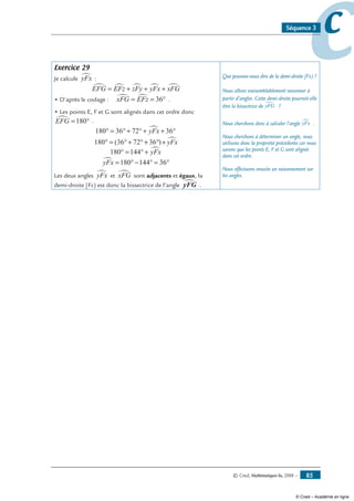© Cned, Mathématiques 6e, 2008 — 85
ccSéquence 3
Exercice 29
Je calcule yFx∑ :
EFG EFz zFy yFx xFG∑ ∑ ∑ ∑ ∑= + + +
• D’après le codage : xFG EFz∑ ∑= = °36 .
• Les points E, F et G sont alignés dans cet ordre donc
EFG∑ = °180 .
180 36 72 36° = °+ °+ + °yFx∑
180 (36 72 36° = °+ °++ ° yFx∑+)
180 144° = °+ yFx∑
yFx∑ = °− ° = °180 144 36
Les deux angles yFx∑ et xFG∑ sont adjacents et égaux, la
demi-droite [Fx) est donc la bissectrice de l’angle yFG∑ .
Que pouvons-nous dire de la demi-droite [Fx) ?
Nous allons vraisemblablement raisonner à
partir d’angles. Cette demi-droite pourrait-elle
être la bissectrice de yFG∑ ?
Nous cherchons donc à calculer l’angle yFx∑ .
Nous cherchons à déterminer un angle, nous
utilisons donc la propriété précédente car nous
savons que les points E, F et G sont alignés
dans cet ordre.
Nous effectuons ensuite un raisonnement sur
les angles.
© Cned – Académie en ligne
 