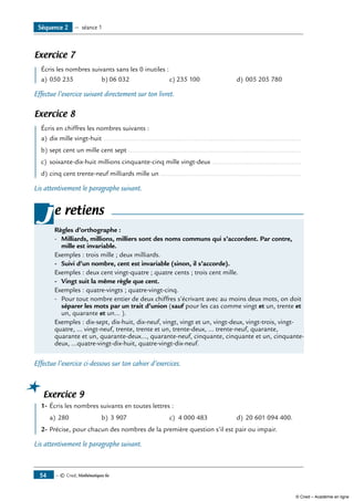 — © Cned, Mathématiques 6e54
Séquence 2 — séance 1
Exercice 7
	 Écris les nombres suivants sans les 0 inutiles :
a)	050 235	 b)	06 032	 c)	235 100	 d)	005 205 780
Effectue l’exercice suivant directement sur ton livret.
Exercice 8
	 Écris en chiffres les nombres suivants :
a)	dix mille vingt-huit ..........................................................................................................
b)	sept cent un mille cent sept.............................................................................................
c)	 soixante-dix-huit millions cinquante-cinq mille vingt-deux ................................................
d) 	cinq cent trente-neuf milliards mille un............................................................................
Lis attentivement le paragraphe suivant.
Règles d’orthographe :
-	 Milliards, millions, milliers sont des noms communs qui s’accordent. Par contre,
mille est invariable.
Exemples : trois mille ; deux milliards.
-	 Suivi d’un nombre, cent est invariable (sinon, il s’accorde).
Exemples : deux cent vingt-quatre ; quatre cents ; trois cent mille.
-	 Vingt suit la même règle que cent.
Exemples : quatre-vingts ; quatre-vingt-cinq.
-	 Pour tout nombre entier de deux chiffres s’écrivant avec au moins deux mots, on doit
séparer les mots par un trait d’union (sauf pour les cas comme vingt et un, trente et
un, quarante et un... ).
Exemples : dix-sept, dix-huit, dix-neuf, vingt, vingt et un, vingt-deux, vingt-trois, vingt-
quatre, ... vingt-neuf, trente, trente et un, trente-deux, ... trente-neuf, quarante,
quarante et un, quarante-deux..., quarante-neuf, cinquante, cinquante et un, cinquante-
deux, ...quatre-vingt-dix-huit, quatre-vingt-dix-neuf.
je retiens
Effectue l’exercice ci-dessous sur ton cahier d’exercices.
Exercice 9
	 1-	Écris les nombres suivants en toutes lettres :
a)	280	 b)	3 907 	 c)	 4 000 483 	 d)	20 601 094 400.
2-	Précise, pour chacun des nombres de la première question s’il est pair ou impair.
Lis attentivement le paragraphe suivant.
© Cned – Académie en ligne
 