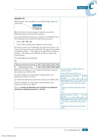© Cned, Mathématiques 6e, 2008 — 127
ccSéquence 4
Exercice 54
1) Remarque : Pour travailler sur une feuille vierge, clique sur
cette icône
2) a) On obtient le total à payer en ajoutant au prix des
kilomètres parcourus le prix de la location.
Le prix des kilomètres parcourus s’obtient en multipliant le prix
d’un kilomètre par le nombre de kilomètres parcourus.
b) B6 = B3 * B4 + B1
c) Pour faire calculer par le tableur le total à payer :
On met le curseur sur la cellule B6. On tape sur la touche = du
clavier. On clique alors sur la cellule B3. On tape sur le symbole
multiplié du clavier : *. On clique sur la cellule B4. On tape sur
le signe +. On clique sur la cellule B1 et enfin on tape sur la
touche Entrée.
Il s’affiche 34 dans la cellule B6.
3)
Distance parcourue (en km) 100 200 300 400 500
Total à payer (en €) 70 110 150 190 230
4) D’après le tableau du 3-, le nombre de kilomètres cherché
est compris entre 400 et 500.
D’après le tableur, le total à payer correspondant à une
distance de 450 km est 210 €.
Le nombre de kilomètres cherché est compris entre 400 et 450.
D’après le tableur, le total à payer correspondant à une
distance de 425 km est 200 €.
Ainsi, le nombre de kilomètres que ne devront pas dépasser
Monsieur et Madame Saroume est 425 km.
On peut procéder de différentes façons. La
suivante est rapide.
Plaçons 200 € dans le tableau du 3- :
distance parcourue
(en km)
400 …… 500
total à payer (en €) 190 200 230
« À mi-chemin » entre 400 et 500 se trouve
450.
Comparons le nombre de kilomètres cherché
à 450.
On a :
distance parcourue
(en km)
400 …… 450
total à payer (en €) 190 200 210
« À mi-chemin » entre 400 et 450 se trouve
425.
Comparons le nombre de kilomètres cherché
à 425.
© Cned – Académie en ligne
 