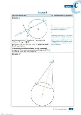 © Cned, Mathématiques 6e, 2008 — 151
ccSéquence 5
Séance 6
Ce que tu devais faire Les commentaires du professeur
Exercice 36
E
F
BX1
X2
1) X est équidistant de E et de F donc X se trouve sur la
médiatrice du segment [EF].
2) X est à 2,5 cm de B donc X se trouve sur le cercle de centre
B et de rayon 2,5 cm.
3) Il y a deux solutions au problème : X1
et X2
. Ce sont les
deux points d’intersection de la médiatrice du segment [EF] et
du cercle de centre B et de rayon 2,5 cm.
1)
L’ensemble des points équidistants de E et de F
est la médiatrice du segment [EF].
2)
L’ensemble des points situés à 2,5 cm du point
B est le cercle de centre B et de rayon 2,5 cm.
3) Les points qui sont à la fois équidistants de
E et de F et situés à 2,5 cm de B sont donc les
points d’intersection de la droite et du cercle
tracés précédemment.
Exercice 37
K
M
I
L
C
© Cned – Académie en ligne
 