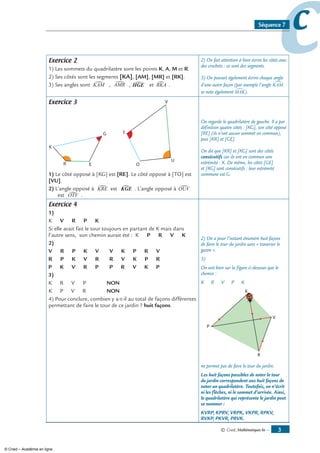 © Cned, mathématiques 6e — 3
ccSéquence 7
Exercice 2
1) Les sommets du quadrilatère sont les points K, A, M et R.
2) Ses côtés sont les segments [KA], [AM], [MR] et [RK].
3) Ses angles sont KAM , AMR , HGE et RKA .
2) On fait attention à bien écrire les côtés avec
des crochets : ce sont des segments.
3) On pouvait également écrire chaque angle
d’une autre façon (par exemple l’angle KAM∑
se note également MAK∑).
Exercice 3
1) Le côté opposé à [KG] est [RE]. Le côté opposé à [TO] est
[VU].
) L’angle opposé à KRE est KGE . L’angle opposé à OUV
est OTV .
On regarde le quadrilatère de gauche. Il a par
définition quatre côtés : [KG], son côté opposé
[RE] (ils n’ont aucun sommet en commun),
puis [KR] et [GE].
On dit que [KR] et [KG] sont des côtés
consécutifs car ils ont en commun une
extrémité : K. De même, les côtés [GE]
et [KG] sont consécutifs : leur extrémité
commune est G.
Exercice 4
1)
K à V à R à P à K
Si elle avait fait le tour toujours en partant de K mais dans
l’autre sens, son chemin aurait été : K à P à R à V à K
)
V à R à P à K à V V à K à P à R à V
R à P à K à V à R R à V à K à P à R
P à K à V à R à P P à R à V à K à P
3)
K à R à V à P NON
K à P à V à R NON
4) Pour conclure, combien y a-t-il au total de façons différentes
permettant de faire le tour de ce jardin ? huit façons.
2) On a pour l’instant énuméré huit façons
de faire le tour du jardin sans « traverser le
gazon ».
3)
On voit bien sur la figure ci-dessous que le
chemin :
K à R à V à P à K
ne permet pas de faire le tour du jardin.
Les huit façons possibles de noter le tour
du jardin correspondent aux huit façons de
noter un quadrilatère. Toutefois, on n’écrit
ni les flèches, ni le sommet d’arrivée. Ainsi,
le quadrilatère qui représente le jardin peut
se nommer :
KVRP, KPRV, VRPK, VKPR, RPKV,
RVKP, PKVR, PRVK.
© Cned – Académie en ligne
 