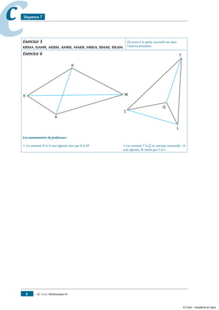 — © Cned, mathématiques 6e
cc Séquence 7
Exercice 5
KRMA, KAMR, AKRM, AMRK, MAKR, MRKA, RMAK, RKAM.
On pense à la petite coccinelle vue dans
l’exercice précédent.
Exercice 6
Les commentaires du professeur :
• Les sommets R et A sont opposés ainsi que K et M • Les sommets T et Q ne sont pas consécutifs : ils
sont opposés, de même que S et L.
© Cned – Académie en ligne
 