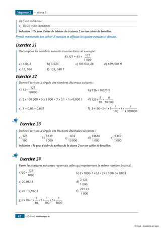 — © Cned, Mathématiques 6e62
	 d)	Cent millièmes...............................................................................................................
e)	 Treize mille centièmes ....................................................................................................
Indication : Tu peux t’aider du tableau de la séance 2 sur ton cahier de brouillon.
Prends maintenant ton cahier d’exercices et effectue les quatre exercices ci-dessous.
Exercice 21
	 Décompose les nombres suivants comme dans cet exemple :
45,127 = 45 + 127
1 000
a)	450, 2 b)	5,024 c)	105 644,28 d)	569, 001 9
e)	12, 304 f)	105, 040 7
Exercice 22
	 Donne l’écriture à virgule des nombres décimaux suivants :
a)	12
123
10 000
+ b)	256 + 0,020 5
c)	 2 x 100 000 + 5 x 1 000 + 7 x 0,1 + 1 x 0,000 1 d)	125
5
10
8
10 000
+ +
e)	 5 + 0,03 + 0,007 f) 	5 100 5 1 1
1
100
6
1
1 000000
× + × + × + ×
Exercice 23
	 Donne l’écriture à virgule des fractions décimales suivantes :
a) 123
100
b)
5339
1 000
c)
632
10 000
d)
14686
1 000
e)
9450
1 000
Indication : Tu peux t’aider du tableau de la séance 2 sur ton cahier de brouillon.
Exercice 24
	 Parmi les écritures suivantes reconnais celles qui représentent le même nombre décimal.
a)	20
123
1000
+ b)	2× + × + × + ×1000 1 01 2 0 100 3 0 001, , ,
c)	20,012 3 d)	
2 123
1 000
e)	20 + 0,102 3 f)	
20 123
1 000
g)	2 10 1
1
10
2
1
100
3
1
1000
× + × + × + ×
Séquence 2 — séance 3
© Cned – Académie en ligne
 