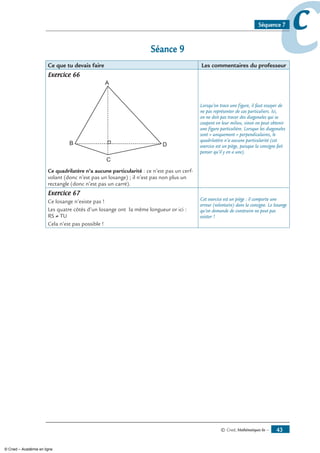 © Cned, Mathématiques 6e — 43
ccSéquence 7
Séance 9
Ce que tu devais faire Les commentaires du professeur
Exercice 66
A
DB
C
Ce quadrilatère n’a aucune particularité : ce n’est pas un cerf-
volant (donc n’est pas un losange) ; il n’est pas non plus un
rectangle (donc n’est pas un carré).
Lorsqu’on trace une figure, il faut essayer de
ne pas représenter de cas particuliers. Ici,
on ne doit pas tracer des diagonales qui se
coupent en leur milieu, sinon on peut obtenir
une figure particulière. Lorsque les diagonales
sont « uniquement » perpendiculaires, le
quadrilatère n’a aucune particularité (cet
exercice est un piège, puisque la consigne fait
penser qu’il y en a une).
Exercice 67
Ce losange n’existe pas !
Les quatre côtés d’un losange ont la même longueur or ici :
RS ≠ TU
Cela n’est pas possible !
Cet exercice est un piège : il comporte une
erreur (volontaire) dans la consigne. Le losange
qu’on demande de construire ne peut pas
exister !
© Cned – Académie en ligne
 