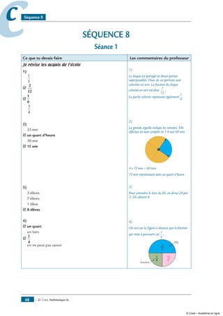 — © Cned, mathématiques 6e48
cc Séquence 8
SÉQUENCE 8
Séance 1
Ce que tu devais faire Les commentaires du professeur
Je révise les acquis de l’école
1)
¨
1
5
˛
2
12
˛
1
6
¨
3
4
2)
¨ 25 min
˛ un quart d’heure
¨ 30 min
˛ 15 min
3)
¨ 3 élèves
¨ 7 élèves
¨ 1 élève
˛ 8 élèves
4)
˛ un quart
¨ un tiers
˛
1
4
¨ on ne peut pas savoir
1)
Le disque est partagé en douze parties
superposables. Deux de ces portions sont
coloriées en vert. La fraction du disque
coloriée en vert est donc
2
12
.
La partie coloriée représente également
1
6
.
2)
La grande aiguille indique les minutes. Elle
effectue un tour complet en 1 h soit 60 min.
4 x 15 min = 60 min.
15 min représentent donc un quart d’heure.
3)
Pour connaître le tiers de 24, on divise 24 par
3. On obtient 8.
4)
On voit sur la figure ci-dessous que la fraction
qui reste à parcourir est
1
4
.
© Cned – Académie en ligne
 