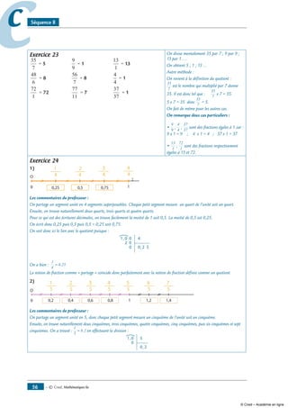 — © Cned, mathématiques 6e56
cc Séquence 8
Exercice 23
35
7
= 5	
9
9
= 1	
13
1
= 13
48
6
= 8	
56
7
= 8	
4
4
= 1
72
1
= 72	
77
11
= 7	
37
37
= 1
On divise mentalement 35 par 7 ; 9 par 9 ;
13 par 1 ....
On obtient 5 ; 1 ; 13 ...
Autre méthode :
On revient à la définition du quotient :
35
7
est le nombre qui multiplié par 7 donne
35. Il est donc tel que :
35
7
x 7 = 35.
5 x 7 = 35 donc
35
7
= 5.
On fait de même pour les autres cas.
On remarque deux cas particuliers :
•
9
9
;
4
4
;
37
37
sont des fractions égales à 1 car :
9 x 1 = 9 ; 4 x 1 = 4 ; 37 x 1 = 37.
•
13
1
;
72
1
sont des fractions respectivement
égales à 13 et 72.
Exercice 24
1)
I
Les commentaires du professeur :
On partage un segment unité en 4 segments superposables. Chaque petit segment mesure un quart de l’unité soit un quart.
Ensuite, on trouve naturellement deux quarts, trois quarts et quatre quarts.
Pour ce qui est des écritures décimales, on trouve facilement la moitié de 1 soit 0,5. La moitié de 0,5 est 0,25.
On écrit donc 0,25 puis 0,5 puis 0,5 + 0,25 soit 0,75.
On voit donc ici le lien avec le quotient puisque :
0
2
1 0
0
0
,
,
4
0 2 5
On a bien :
1
4
0,25=
La notion de fraction comme « partage » coïncide donc parfaitement avec la notion de fraction définie comme un quotient.
2)
Les commentaires du professeur :
On partage un segment unité en 5, donc chaque petit segment mesure un cinquième de l’unité soit un cinquième.
Ensuite, on trouve naturellement deux cinquièmes, trois cinquièmes, quatre cinquièmes, cinq cinquièmes, puis six cinquièmes et sept
cinquièmes. On a trouvé :
1
5
0,2= en effectuant la division :
01
0
,
,
5
0 2
© Cned – Académie en ligne
 