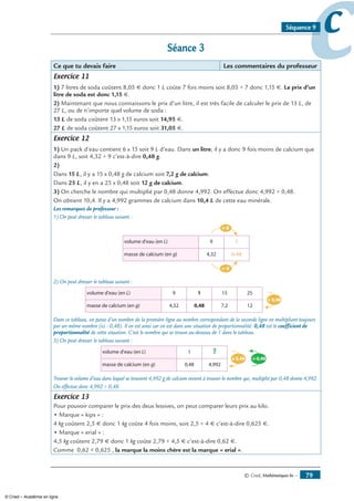 © Cned, Mathématiques 6e — 79
ccSéquence 9
Séance 3
Ce que tu devais faire Les commentaires du professeur
Exercice 11
1) 7 litres de soda coûtent 8,05 € donc 1 L coûte 7 fois moins soit 8,05 ÷ 7 donc 1,15 €. Le prix d’un
litre de soda est donc 1,15 €.
2) Maintenant que nous connaissons le prix d’un litre, il est très facile de calculer le prix de 13 L, de
27 L, ou de n’importe quel volume de soda :
13 L de soda coûtent 13 x 1,15 euros soit 14,95 €.
27 L de soda coûtent 27 x 1,15 euros soit 31,05 €.
Exercice 12
1) Un pack d’eau contient 6 x 15 soit 9 L d’eau. Dans un litre, il y a donc 9 fois moins de calcium que
dans 9 L, soit 4,32 ÷ 9 c’est-à-dire 0,48 g.
2)
Dans 15 L, il y a 15 x 0,48 g de calcium soit 7,2 g de calcium.
Dans 25 L, il y en a 25 x 0,48 soit 12 g de calcium.
3) On cherche le nombre qui multiplié par 0,48 donne 4,992. On effectue donc 4,992 ÷ 0,48.
On obtient 10,4. Il y a 4,992 grammes de calcium dans 10,4 L de cette eau minérale.
Les remarques du professeur :
1) On peut dresser le tableau suivant :
2) On peut dresser le tableau suivant :
Dans ce tableau, on passe d’un nombre de la première ligne au nombre correspondant de la seconde ligne en multipliant toujours
par un même nombre (ici : 0,48). Il en est ainsi car on est dans une situation de proportionnalité. 0,48 est le coefficient de
proportionnalité de cette situation. C’est le nombre qui se trouve au-dessous de 1 dans le tableau.
3) On peut dresser le tableau suivant :
Trouver le volume d’eau dans lequel se trouvent 4,992 g de calcium revient à trouver le nombre qui, multiplié par 0,48 donne 4,992.
On effectue donc 4,992 ÷ 0,48.
Exercice 13
Pour pouvoir comparer le prix des deux lessives, on peut comparer leurs prix au kilo.
• Marque « kips » :
4 kg coûtent 2,5 € donc 1 kg coûte 4 fois moins, soit 2,5 ÷ 4 € c’est-à-dire 0,625 €.
• Marque « erial » :
4,5 kg coûtent 2,79 € donc 1 kg coûte 2,79 ÷ 4,5 € c’est-à-dire 0,62 €.
Comme 0,62  0,625 , la marque la moins chère est la marque « erial ».
© Cned – Académie en ligne
 