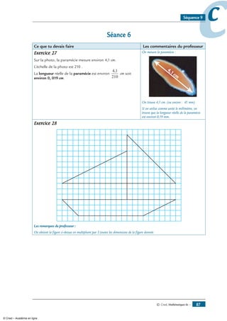 © Cned, Mathématiques 6e — 87
ccSéquence 9
Séance 6
Ce que tu devais faire Les commentaires du professeur
Exercice 27
Sur la photo, la paramécie mesure environ 4,1 cm.
L’échelle de la photo est 210 .
La longueur réelle de la paramécie est environ
4 1
210
,
cm soit
environ 0, 019 cm.
On mesure la paramécie :
On trouve 4,1 cm. (ou encore : 41 mm)
Si on utilise comme unité le millimètre, on
trouve que la longueur réelle de la paramécie
est environ 0,19 mm.
Exercice 28
Les remarques du professeur :
On obtient la figure ci-dessus en multipliant par 3 toutes les dimensions de la figure donnée.
© Cned – Académie en ligne
 