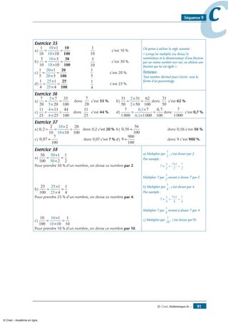 © Cned, Mathématiques 6e — 91
ccSéquence 9
Exercice 35
a)
1
10
1
10
10
10
=
×
×
=
10
100
		
1
10
c’est 10 %.
b)
3
10
3
10
10
10
=
×
×
=
30
100
		
3
10
c’est 30 %.
c)
1
5
1
5
20
20
=
×
×
=
20
100
		
1
5
c’est 20 %.
d)
1
4
1
4
25
25
=
×
×
=
25
100
		
1
4
c’est 25 %.
On pense à utiliser la règle suivante :
« Lorsqu’on multiplie (ou divise) le
numérateur et le dénominateur d’une fraction
par un même nombre non nul, on obtient une
fraction qui lui est égale ».
Remarque :
Tout nombre décimal peut s’écrire sous la
forme d’un pourcentage.
Exercice 36
a)
7
20
7
20
5
5
=
×
×
=
35
100
donc	
7
20
c’est 35 %.	 b)
31
50
31
50
2
2
=
×
×
=
62
100
donc
31
50
c’est 62 %.
c)
11 44
10025
11
25
4
4
=
×
×
= donc	
11
25
c’est 44 %.	 d)
7
1 000
7
1 000
0 1
0 1
=
×
×
=
,
,
0,7
100
donc
7
1 000
c’est 0,7 %.
Exercice 37
a) 0 2
2
10
2
10
10
10
, = =
×
×
=
20
100
donc 0,2 c’est 20 %.	b) 0 56
56
100
, = 	 donc 0,56 c’est 56 %.
c) 0 07
7
100
, = 	 donc 0,07 c’est 7 %.	d) 9
900
100
= 	 donc 9 c’est 900 %.
Exercice 38
a)
50
100
1
2
1
2
50
50
=
×
×
=
Pour prendre 50 % d’un nombre, on divise ce nombre par 2.
b)
25
100
1
4
1
4
25
25
=
×
×
=
Pour prendre 25 % d’un nombre, on divise ce nombre par 4.
c)
10
100
1
10
1
10
10
10
=
×
×
=
Pour prendre 10 % d’un nombre, on divise ce nombre par 10.
a) Multiplier par
1
2
, c’est diviser par 2.
Par exemple :
7
1
2
7 1
2
7
2
×
×
= =
Multiplier 7 par
1
2
revient à diviser 7 par 2.
b) Multiplier par
1
4
, c’est diviser par 4.
Par exemple :
7
1
4
7 1
4
7
4
×
×
= =
Multiplier 7 par
1
4
revient à diviser 7 par 4.
c) Multiplier par
1
10
, c’est diviser par10.
© Cned – Académie en ligne
 