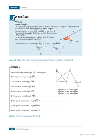 ANGLES
Notion d’angle :
Un angle se note généralement à l’aide de trois lettres : il correspond à l’écartement
existant entre deux demi-droites de même origine.	
O
A
B
x
y
L’angle ci-contre se note AOB
〈
ou BOA∑ . Le sommet de
l’angle est O. Les cotés de l’angle sont les demi-droites
[OA) et [OB).
Cet angle se note également xOy∑ ou yOx∑ . Ses côtés
sont les demi-droites [Ox) et [Oy).
Exemples : Voici en vert l’angle NPQ∑ et en bleu l’angle KLM∑ .
	 NP
Q
	
KL
M
je retiens
Apprends à situer des angles sur une figure en faisant l’exercice ci-dessous sur ton livret.
Exercice 1
	 On a colorié en bleu l’angle FAD∑ sur la figure.	
A
E
B
x
D
F yC
1-	Colorie en rouge l’angle DBx∑ .
2- 	Colorie en vert l’angle DEB∑ .
3-	Colorie en jaune l’angle yFB∑ .
4-	Colorie en noir l’angle AFE∑.	
Les point A, E et D sont alignés
Les point F, E et B sont alignés
Les point F, D et C sont alignés
5-	Colorie en violet l’angle AEF∑.
6- De quelle couleur est l’angle EAF∑ ? .........................................................
7- De quelle couleur est l’angle BFD∑ ? .........................................................
8- De quelle couleur est l’angle DFE∑ ? ........................................................
Effectue l’exercice ci-dessous sur ton livret.
Séquence 3 — séance 1
— © Cned, Mathématiques 6e88
© Cned – Académie en ligne
 