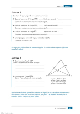 Exercice 2
	 Sans faire de figure, réponds aux questions suivantes :
1- 	Quel est le sommet de l’angle KFT∑ ? ........... Quels sont ses côtés ? .................................
	 Comment peut-on nommer autrement cet angle ?.......................................
2-	Quel est le sommet de l’angle NTO∑ ? ............ Quels sont ses côtés ? ................................
	 Comment peut-on nommer autrement cet angle ? ......................................
3-	Quel est le sommet de l’angle sLt∂ ? ............... Quels sont ses côtés ? ..............................
	 Comment peut-on nommer autrement cet angle ? ......................................
4-	Un angle a pour sommet D et pour côtés [Dz) et [DT).
	 Comment se nomme-t-il ? .............................................................................................
Un angle peut parfois s’écrire de nombreuses façons. Tu vas t’en rendre compte en effectuant
l’exercice ci-dessous.
Exercice 3
	 1-	Colorie en bleu l’angle AOP∑ . 	
L
A
M
NO
P
Donne 7 autres façons de noter cet angle.
	 .....................................................................
	 .....................................................................
	 .....................................................................
2-	Colorie en vert l’angle ANM∑.
Donne 7 autres façons de noter cet angle.
	 .....................................................................
	 .....................................................................	
Les points L, P et O sont alignés
Les points L, M et N sont alignés
Les points O, A et M sont alignés
Les points P, A et N sont alignés
	 .....................................................................
	
Nous allons maintenant apprendre à comparer des angles (en fait, on compare leurs mesures) :
cela consiste à savoir celui qui a l’écartement le plus grand. Une première méthode pour les
comparer consiste à utiliser du papier calque.
Séquence 3séance 1 —
© Cned, Mathématiques 6e — 89
© Cned – Académie en ligne
 