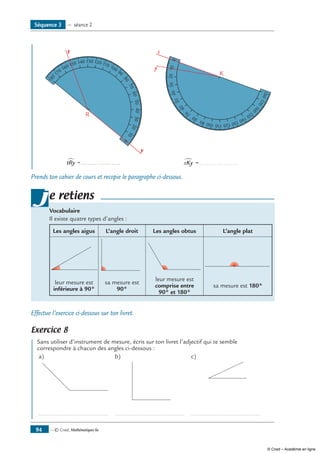 0
10
20
304050
60
70
90
80
100
110
120130140
150
160
170
180
R
y
t
tRy∂ = ..................
0102030
40
50
60
70
90
80
100 110 120
130
140
150
160
170
180
K
y
x
xKy∑ = ..................
Prends ton cahier de cours et recopie le paragraphe ci-dessous.
Vocabulaire
Il existe quatre types d’angles :
Les angles aigus L’angle droit Les angles obtus L’angle plat
leur mesure est
inférieure à 90°
sa mesure est
90°
leur mesure est
comprise entre
90° et 180°
sa mesure est 180°
je retiens
Effectue l’exercice ci-dessous sur ton livret.
Exercice 8
	 Sans utiliser d’instrument de mesure, écris sur ton livret l’adjectif qui te semble
correspondre à chacun des angles ci-dessous :
a)
	
b)
	
c)
	
......................................... ......................................... .........................................
Séquence 3 — séance 2
— © Cned, Mathématiques 6e94
© Cned – Académie en ligne
 