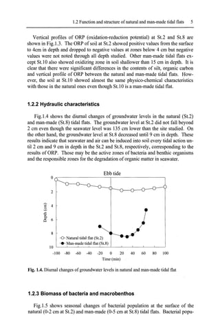 1.2 Function and structure ofnatural and man-made tidal flats 5
Vertical profiles of ORP (oxidation-reduction potential) at St.2 and St.8 are
shown in Fig.l.3. The ORP of soil at St.2 showed positive values from the surface
to 4cm in depth and dropped to negative values at zones below 4 cm but negative
values were not noted through all depth studied. Other man-made tidal flats ex-
cept St.l0 also showed oxidizing zone in soil shallower than 15 cm in depth. It is
clear that there were significant differences in the contents of silt, organic carbon
and vertical profile of ORP between the natural and man-made tidal flats. How-
ever, the soil at St.10 showed almost the same physico-chemical characteristics
with those in the natural ones even though St.l0 is a man-made tidal flat.
1.2.2 Hydraulic characteristics
Fig.l.4 shows the diurnal changes of groundwater levels in the natural (St.2)
and man-made (St.8) tidal flats. The groundwater level at St.2 did not fall beyond
2 cm even though the seawater level was 135 cm lower than the site studied. On
the other hand, the groundwater level at St.8 decreased until 9 cm in depth. These
results indicate that seawater and air can be induced into soil every tidal action un-
til 2 cm and 9 cm in depth in the St.2 and St.8, respectively, corresponding to the
results ofORP. Those may be the active zones of bacteria and benthic organisms
and the responsible zones for the degradation of organic matter in seawater.
Ebb tide
O~-------------r--------------,
2
8
-0- Natural tidal flat (St.2)
.... Man-made tidal flat (St.8)
10 '------'---'-------'----'---'-----'----'----'------'------'
-100 -80 -60 -40 -20 0 20 40 60 80 100
Time (min)
Fig. 1.4. Diurnal changes ofgroundwater levels in natural and man-made tidal flat
1.2.3 Biomass of bacteria and macrobenthos
Fig.l.S shows seasonal changes of bacterial population at the surface of the
natural (0-2 cm at St.2) and man-made (0-5 cm at St.8) tidal flats. Bacterial popu-
 