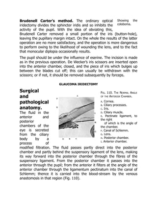Showing the
coloboma.
Fig. 110. The Normal Angle
of the Anterior Chamber.
a. Cornea.
b. Ciliary processes.
c. Iris.
d. Ciliary muscle.
e. Pectinate ligament, to
the right
of which is the angle of
the chamber.
f. Canal of Schlemm.
g. Lens.
h. Posterior chamber.
i. Anterior chamber.
Brudenell Carter’s method. The ordinary optical
iridectomy divides the sphincter iridis and so inhibits the
activity of the pupil. With the idea of obviating this,
Brudenell Carter removed a small portion of the iris (button-hole),
leaving the pupillary margin intact. On the whole the results of the latter
operation are no more satisfactory, and the operation is more dangerous
to perform owing to the likelihood of wounding the lens, and to the fact
that monocular diplopia occasionally results.
The pupil should be under the influence of eserine. The incision is made
as in the previous operation. De Wecker’s iris scissors are inserted open
into the anterior chamber, closed, and the piece of iris which bulges up
between the blades cut off; this can usually be withdrawn with the
scissors; or if not, it should be removed subsequently by forceps.
GLAUCOMA IRIDECTOMY
Surgical
and
pathological
anatomy.
The fluid in the
anterior and
posterior
chambers of the
eye is secreted
from the ciliary
body by a
process of
modified filtration. The fluid passes partly direct into the posterior
chamber and partly behind the suspensory ligament of the lens, making
its way forward into the posterior chamber through the fibres of the
suspensory ligament. From the posterior chamber it passes into the
anterior through the pupil; from the anterior it filters at the angle of the
anterior chamber through the ligamentum pectinatum into the canal of
Schlemm; thence it is carried into the blood-stream by the venous
anastomosis in that region (Fig. 110).
 