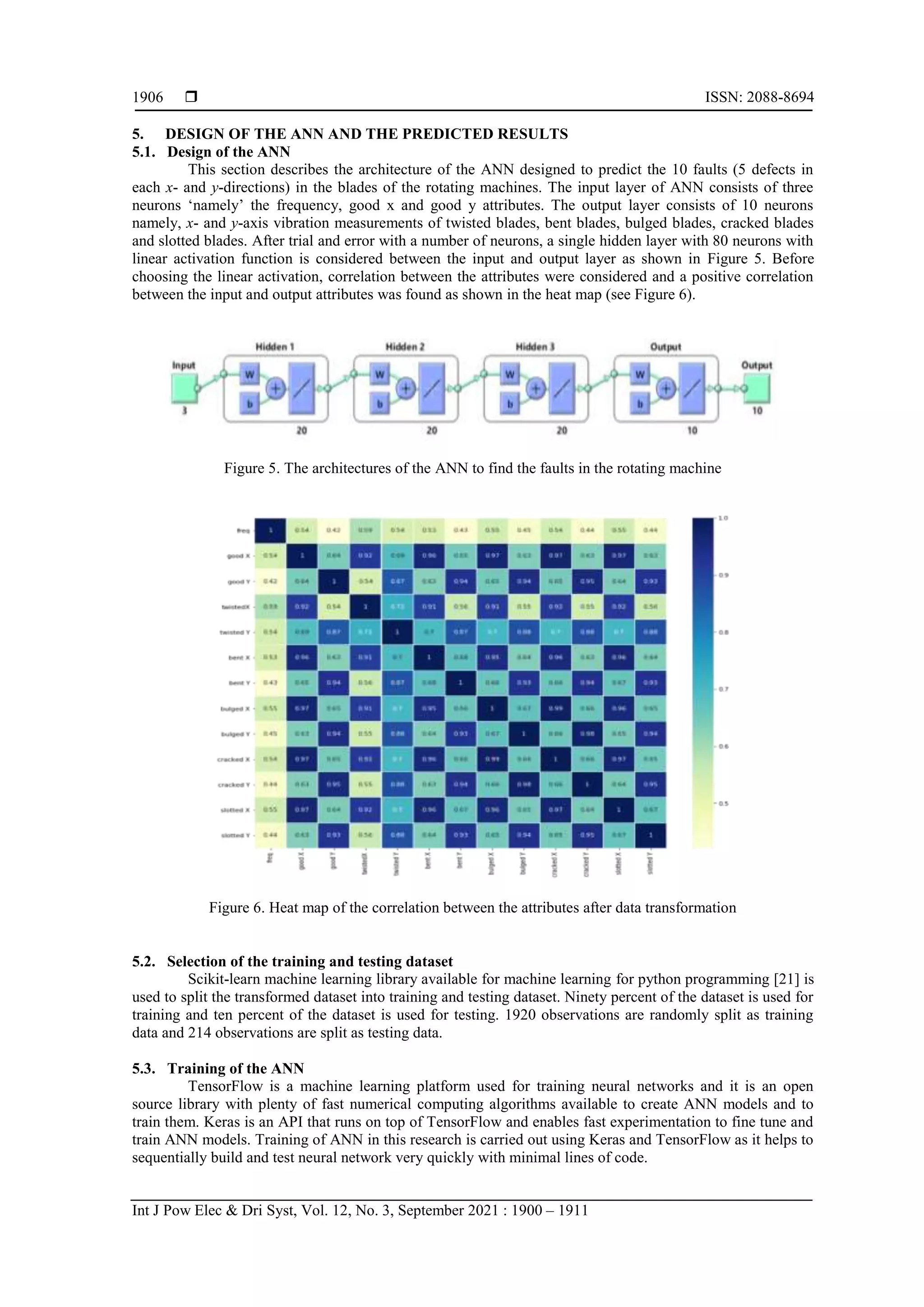  ISSN: 2088-8694
Int J Pow Elec & Dri Syst, Vol. 12, No. 3, September 2021 : 1900 – 1911
1906
5. DESIGN OF THE ANN AND THE PREDICTED RESULTS
5.1. Design of the ANN
This section describes the architecture of the ANN designed to predict the 10 faults (5 defects in
each x- and y-directions) in the blades of the rotating machines. The input layer of ANN consists of three
neurons „namely‟ the frequency, good x and good y attributes. The output layer consists of 10 neurons
namely, x- and y-axis vibration measurements of twisted blades, bent blades, bulged blades, cracked blades
and slotted blades. After trial and error with a number of neurons, a single hidden layer with 80 neurons with
linear activation function is considered between the input and output layer as shown in Figure 5. Before
choosing the linear activation, correlation between the attributes were considered and a positive correlation
between the input and output attributes was found as shown in the heat map (see Figure 6).
Figure 5. The architectures of the ANN to find the faults in the rotating machine
Figure 6. Heat map of the correlation between the attributes after data transformation
5.2. Selection of the training and testing dataset
Scikit-learn machine learning library available for machine learning for python programming [21] is
used to split the transformed dataset into training and testing dataset. Ninety percent of the dataset is used for
training and ten percent of the dataset is used for testing. 1920 observations are randomly split as training
data and 214 observations are split as testing data.
5.3. Training of the ANN
TensorFlow is a machine learning platform used for training neural networks and it is an open
source library with plenty of fast numerical computing algorithms available to create ANN models and to
train them. Keras is an API that runs on top of TensorFlow and enables fast experimentation to fine tune and
train ANN models. Training of ANN in this research is carried out using Keras and TensorFlow as it helps to
sequentially build and test neural network very quickly with minimal lines of code.
 